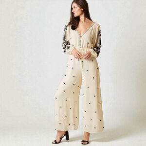 Boho Embroidered Wide-Leg Jumpsuit Cream Floral Balloon Sleeve Sz L